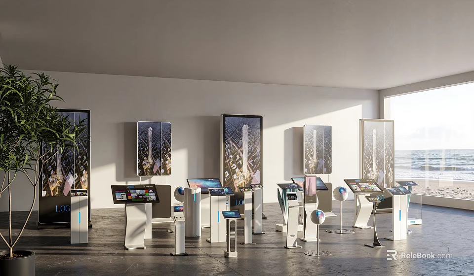 Smart Machines in Modern Exhibition Hall With Interactive Screens Decorative Paintings and Bright Lighting 3d model 