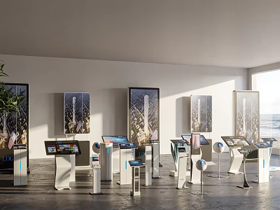 Smart Machines in Modern Exhibition Hall With Interactive Screens Decorative Paintings and Bright Lighting 3d model