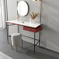 Stylish Dressing Table With Round Mirror Gold Floor Lamp White Countertop Red Edge Black Legs Light Gray Stool Skincare Products Dried Flowers