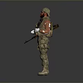 Man Standing in Camouflage Uniform With Tactical Gear Hat Mask and Weapon
