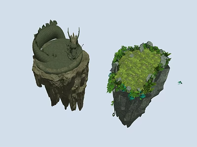 Cartoon Scene With Floating Islands Dragon Green Grass And Plants 3d model