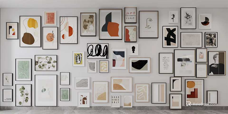 Gallery Wall With Multiple Framed Artworks And Decorative Paintings 3d model