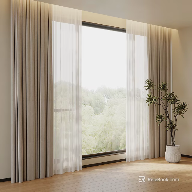Room With Window Light Colored Curtains Green Trees View And Potted Plant On Wooden Floor 3d model 