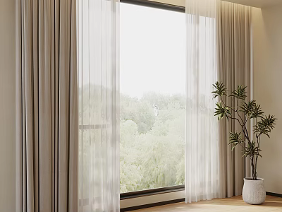 Room With Window Light Colored Curtains Green Trees View And Potted Plant On Wooden Floor 3d model