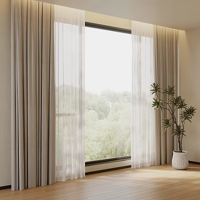 Room With Window Light Colored Curtains Green Trees View And Potted Plant On Wooden Floor 3d model