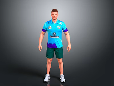 Male Model Wearing Blue Purple Gradient Polo Shirt Green Shorts And White Sneakers 3d model