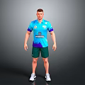 Male Model Wearing Blue Purple Gradient Polo Shirt Green Shorts And White Sneakers