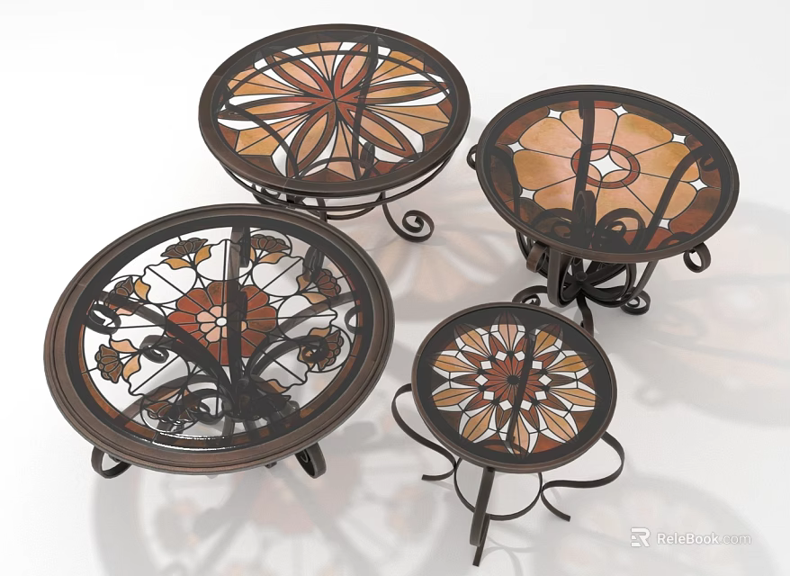 Flower Pattern Stained Glass Iron Tables in Different Sizes for Home Decor 3d model 