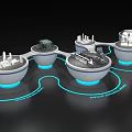 Modern Display Shelves With White Stands Blue Light Rings And Ceiling Lighting