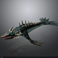 Detailed Turquoise Mythical Aquatic Creature With Spikes Sharp Teeth And Fins