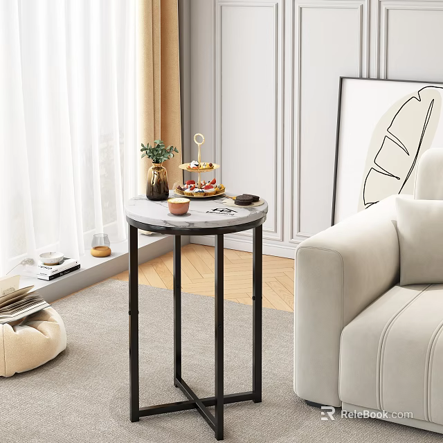 Cozy Restaurant Interior With Round Marble Table Desserts And Sofa Decor 3d model