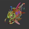Steampunk Mechanical Fish Featuring Orange Body Blue Windows Pipes Claws And Hook