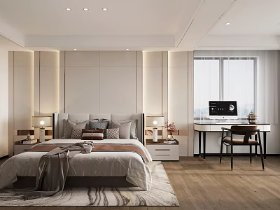 Modern Bedroom Interior With Comfortable Bed Pillows Nightstands Lamps Rug Desk Chair And Window 3d model