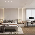 Modern Bedroom Interior With Comfortable Bed Pillows Nightstands Lamps Rug Desk Chair And Window