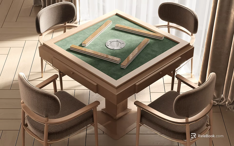 Elegant Mahjong Entertainment Table With Green Surface Wooden Frame And Four Chairs 3d model 