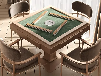 Elegant Mahjong Entertainment Table With Green Surface Wooden Frame And Four Chairs 3d model
