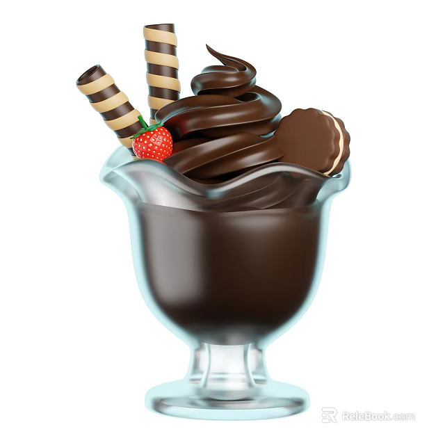 Swirled Chocolate Ice Cream in Glass Cup Topped with Fresh Strawberry Wafers and Cookies 3d model 