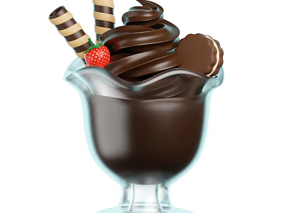 Swirled Chocolate Ice Cream in Glass Cup Topped with Fresh Strawberry Wafers and Cookies 3d model