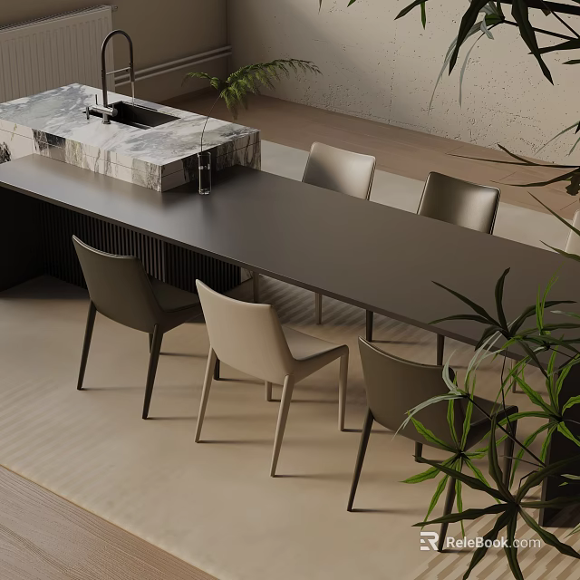 Modern Rectangular Dining Table Set With Marble Top Light Gray Chairs And Indoor Plants 3d model 