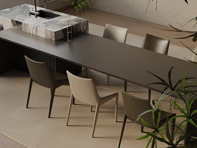 Modern Rectangular Dining Table Set With Marble Top Light Gray Chairs And Indoor Plants 3d model