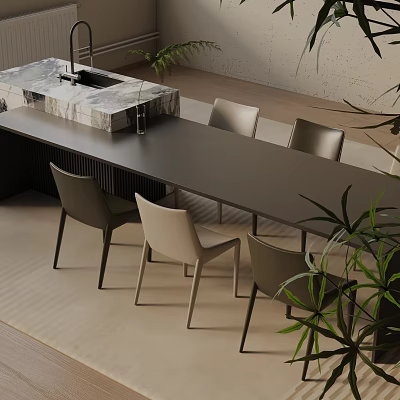 Modern Rectangular Dining Table Set With Marble Top Light Gray Chairs And Indoor Plants 3d model