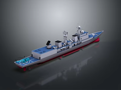 Gray and Blue Warship Model with Red Bottom and Radar Antenna Design 3d model
