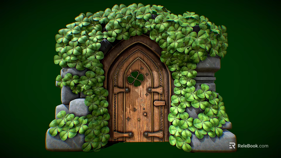 Lush Clover Covered Wooden Door With Stone Frame In Natural Setting 3d model 