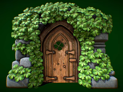 Lush Clover Covered Wooden Door With Stone Frame In Natural Setting 3d model