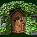 Lush Clover Covered Wooden Door With Stone Frame In Natural Setting