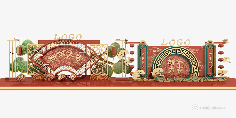 Festive New Year Decorative Setup With Red Gold Lanterns Fan And Auspicious Clouds 3d model