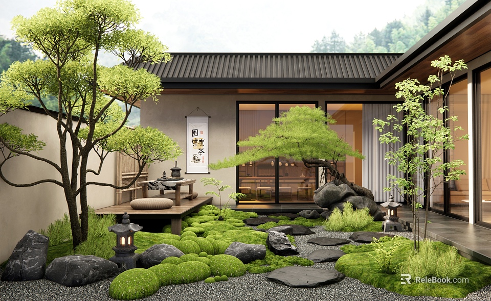 Traditional Japanese Courtyard Garden with Green Plants Moss Stones and Wooden Deck 3d model 