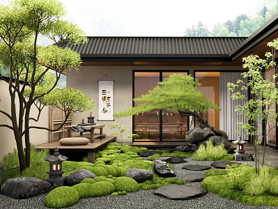 Traditional Japanese Courtyard Garden with Green Plants Moss Stones and Wooden Deck 3d model
