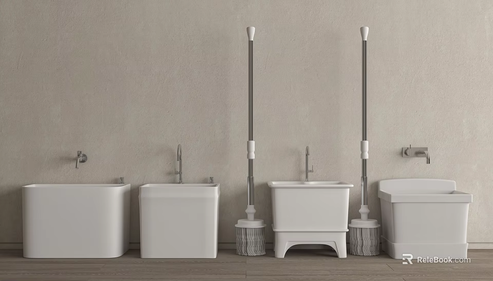 Bathroom Fixtures Including White Toilets Mops And Faucets On Beige Wall 3d model 