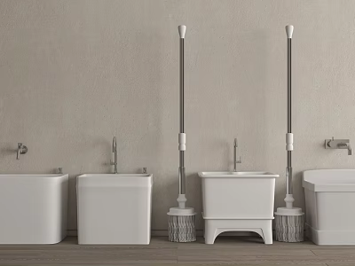 Bathroom Fixtures Including White Toilets Mops And Faucets On Beige Wall 3d model