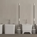 Bathroom Fixtures Including White Toilets Mops And Faucets On Beige Wall