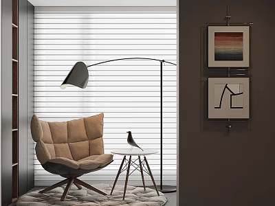 Tufted Brown Single Seater Sofa With Wooden Legs Curved Floor Lamp And Wall Art 3d model