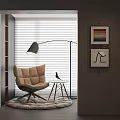 Tufted Brown Single Seater Sofa With Wooden Legs Curved Floor Lamp And Wall Art