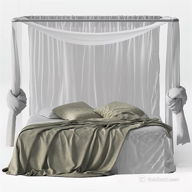 White Double Bed with White Canopy and Beige Pillows Covered in Soft Beige Blanket 3d model 