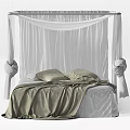 White Double Bed with White Canopy and Beige Pillows Covered in Soft Beige Blanket
