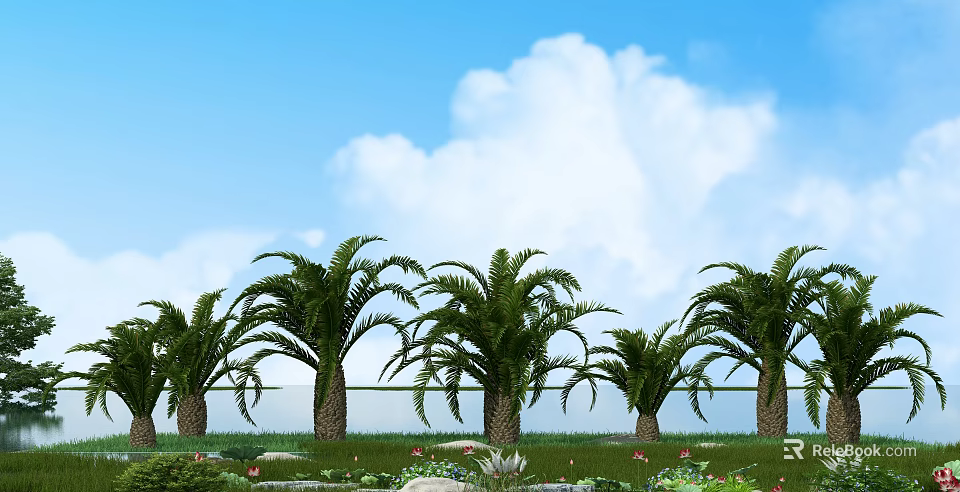 Palm Trees in Scenic Garden with Blue Sky White Clouds Green Grass and Small Flowers 3d model 