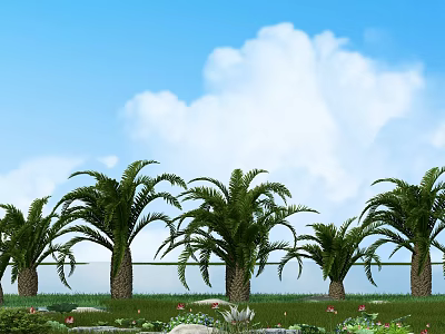 Palm Trees in Scenic Garden with Blue Sky White Clouds Green Grass and Small Flowers 3d model