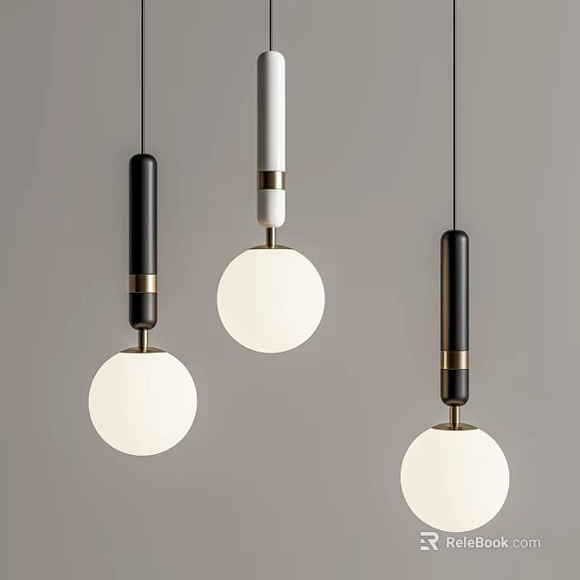 Modern Pendant Lights Design with Black White Rods Round White Shades and Gold Accents 3d model 