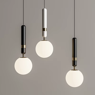Modern Pendant Lights Design with Black White Rods Round White Shades and Gold Accents 3d model