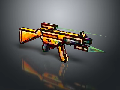 Pixel Style Orange Red Rifle Weapon With Green Blade And Metallic Texture 3d model