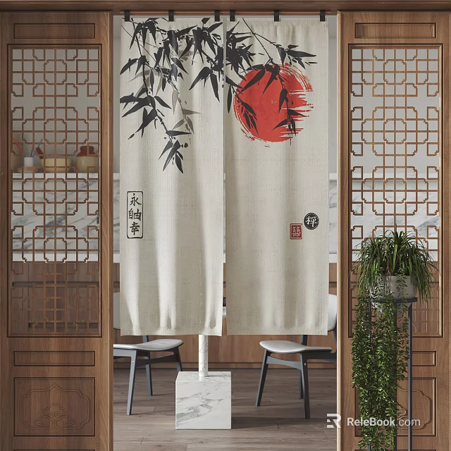 Chinese Style Linen Curtain With Bamboo Pattern And Red Circle Design 3d model 