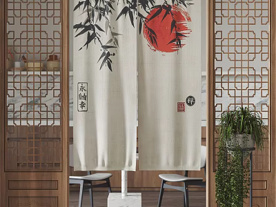 Chinese Style Linen Curtain With Bamboo Pattern And Red Circle Design 3d model