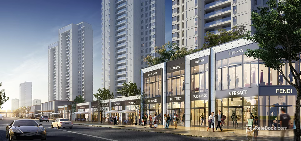 Modern Commercial Street With High end Stores Tall Buildings And Pedestrians 3d model 