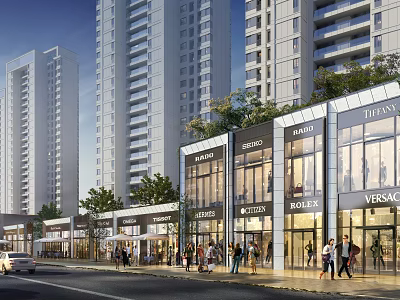 Modern Commercial Street With High end Stores Tall Buildings And Pedestrians 3d model