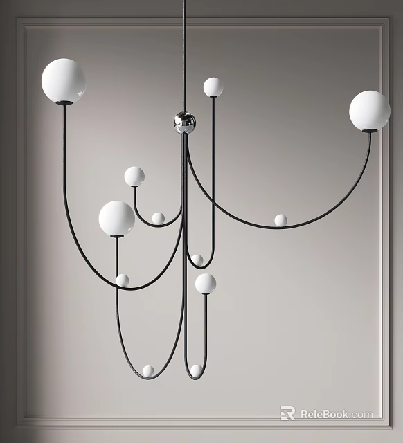 Modern Chandelier With Black Metal Frame And White Spherical Globes 3d model 