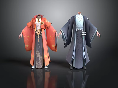 Woman Wearing Elegant Traditional Chinese Robes in Red and Dark Blue with Ornate Embroidery 3d model